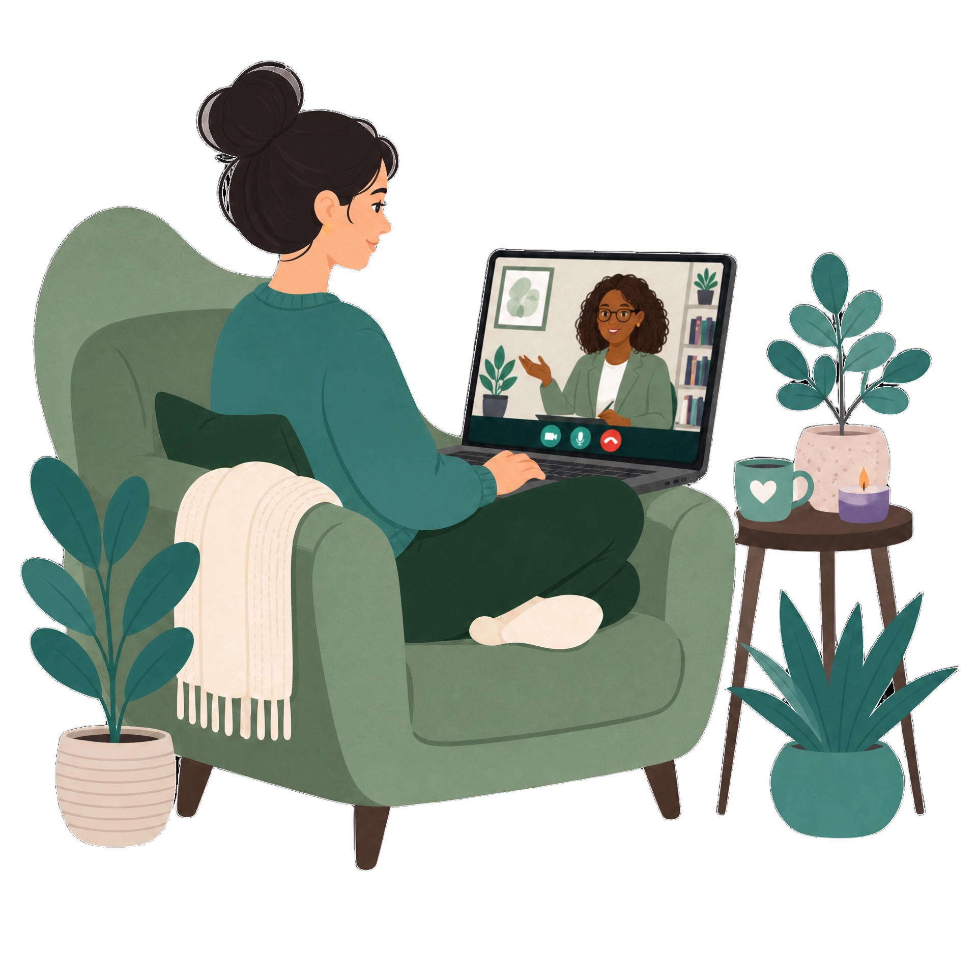 Mulher em casa participando de uma sessão de terapia online pelo laptop, em ambiente acolhedor com plantas